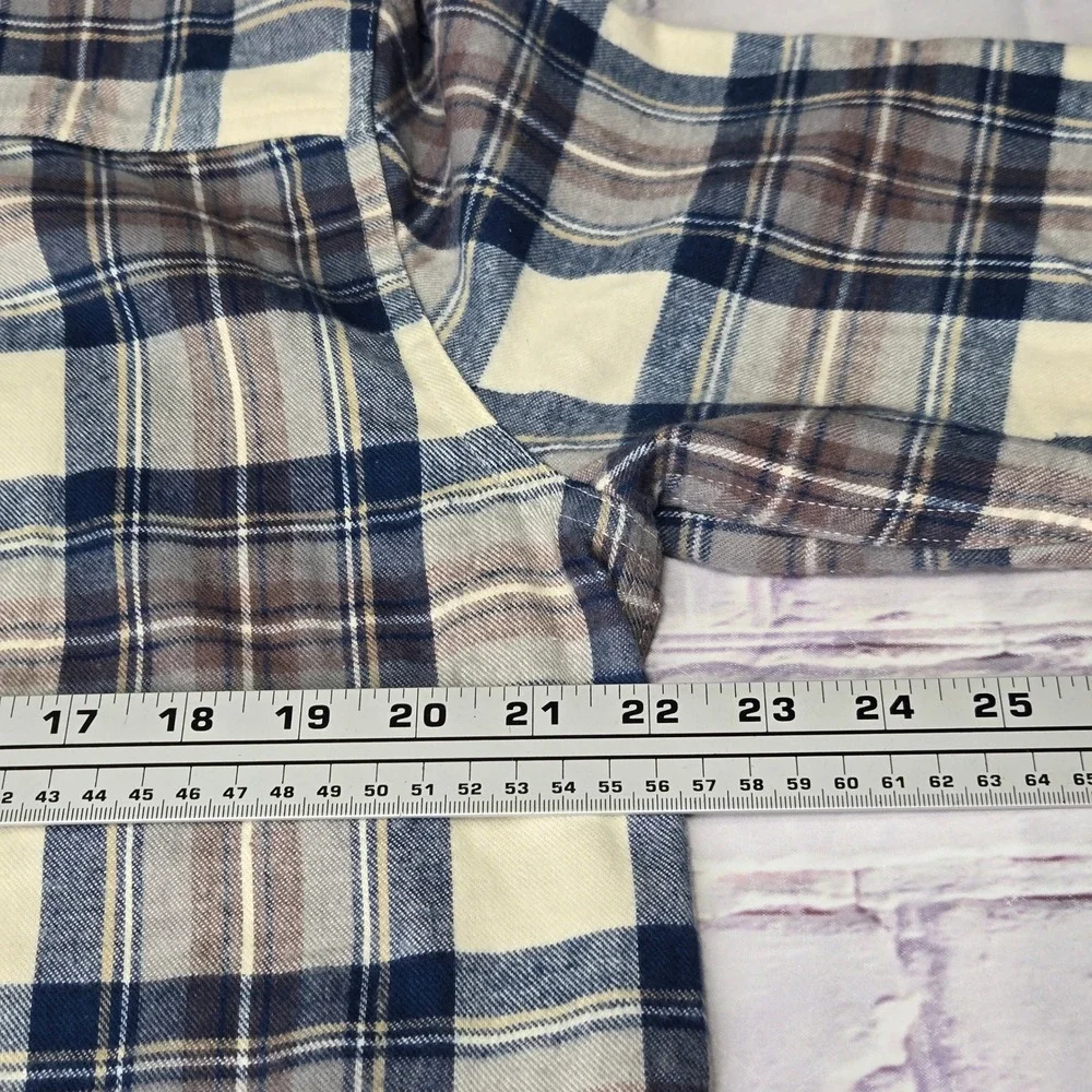 L.L.Bean Flannel Shirt Blue Brown Plaid Quarter Zip Soft Cotton Mens Large L